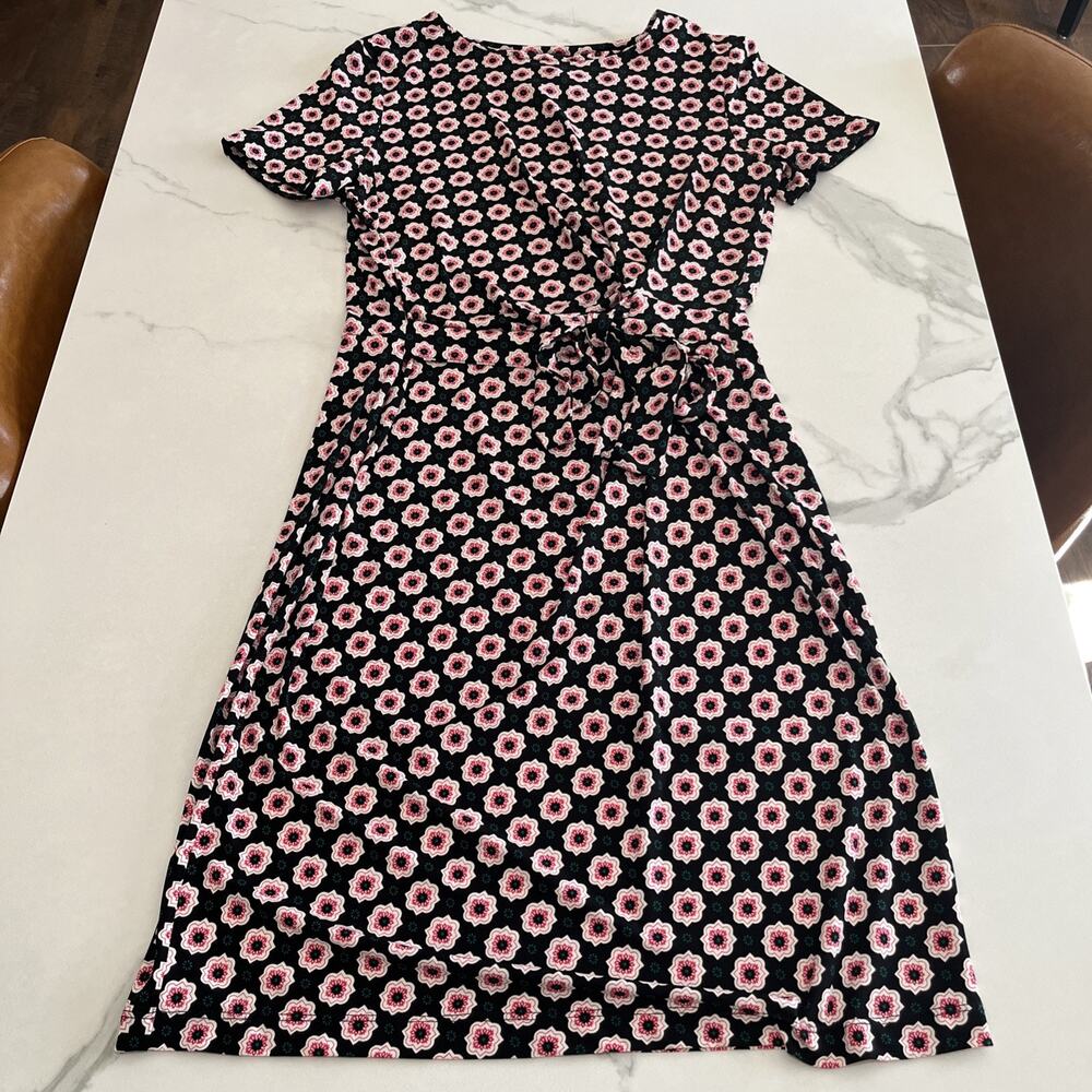 Nine West Women’s Short Sleeve Tie Waist Dress Stretch Size 10 Black Pink Floral